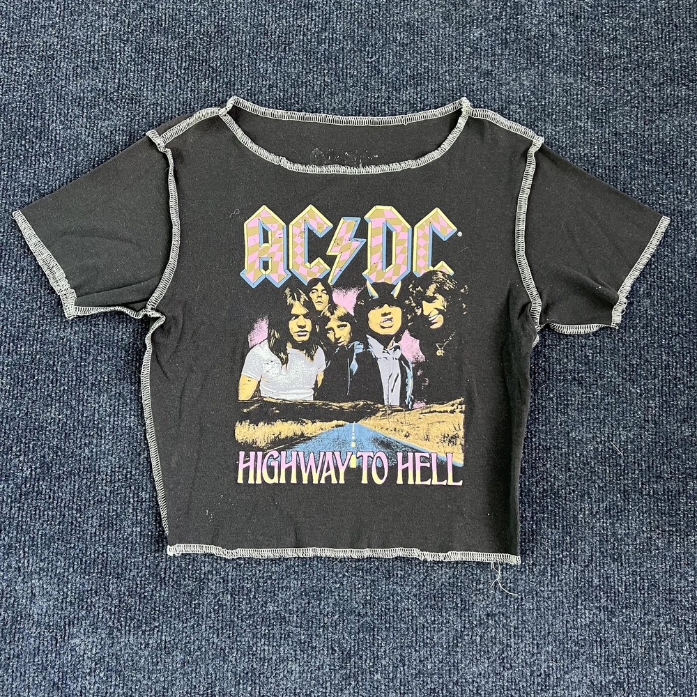 ACDC Shirt Womens Size Unknown Black Highway To Hell Crop Top Band Tee‎ Rock